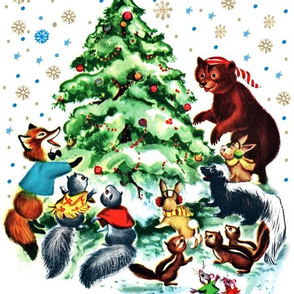 Merry Christmas snow winter flakes stars trees foxes squirrels rabbits bunny rats mouse mice bears skunks vintage retro kitsch celebration animals