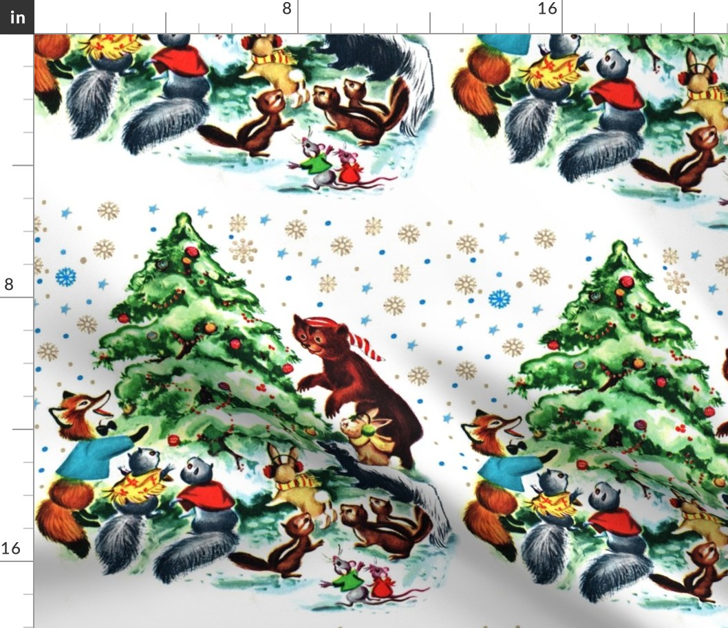 Merry Christmas snow winter flakes stars trees foxes squirrels rabbits bunny rats mouse mice bears skunks vintage retro kitsch celebration animals