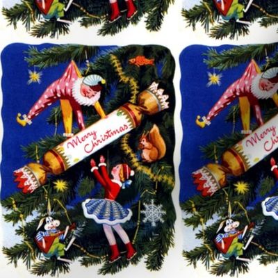 Merry Christmas trees stars toys clowns skaters dolls crackers fishes squirrels nuts rabbits music Balalaika snowflakes streamers decorations vintage