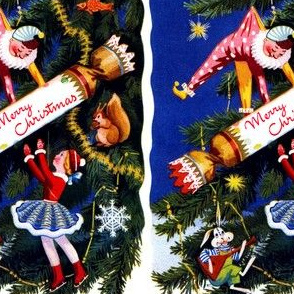 Merry Christmas trees stars toys clowns skaters dolls crackers fishes squirrels nuts rabbits music Balalaika snowflakes streamers decorations vintage