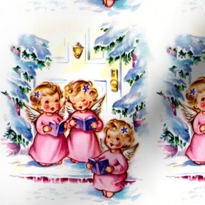 Merry Christmas winter snow angels cherubs caroling choir singing trees houses vintage retro kitsch music