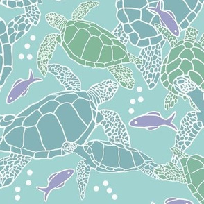 Sea Turtles in Blues & Greens with Purple Fish
