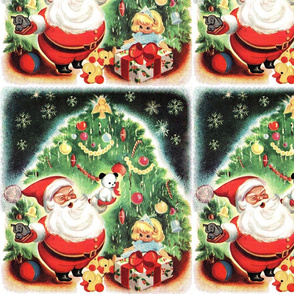 Merry Christmas Santa Claus toys gifts presents trees snowflakes angels elephants balls baubles ducks elephants dogs puppy candy canes sweets vintage