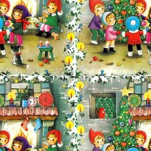 Santa Claus Christmas snow winter trees fireplace dancing candles baubles socks cats kittens trumpet music birds stars mistletoe apples oranges biscuits cookies drinks celebration  children boys girls