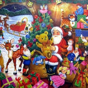 Merry Christmas Santa Claus winter snow reindeer sleigh presents gifts trees elf elves baubles ribbons bells cats toys dolls trumpet teddy bears monkeys rabbits bunny bunnies streamers lamps clowns fairy fairies