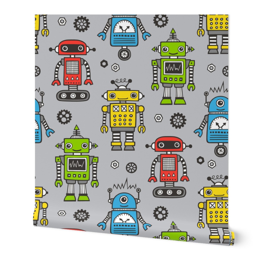 Cute Robots on Gray