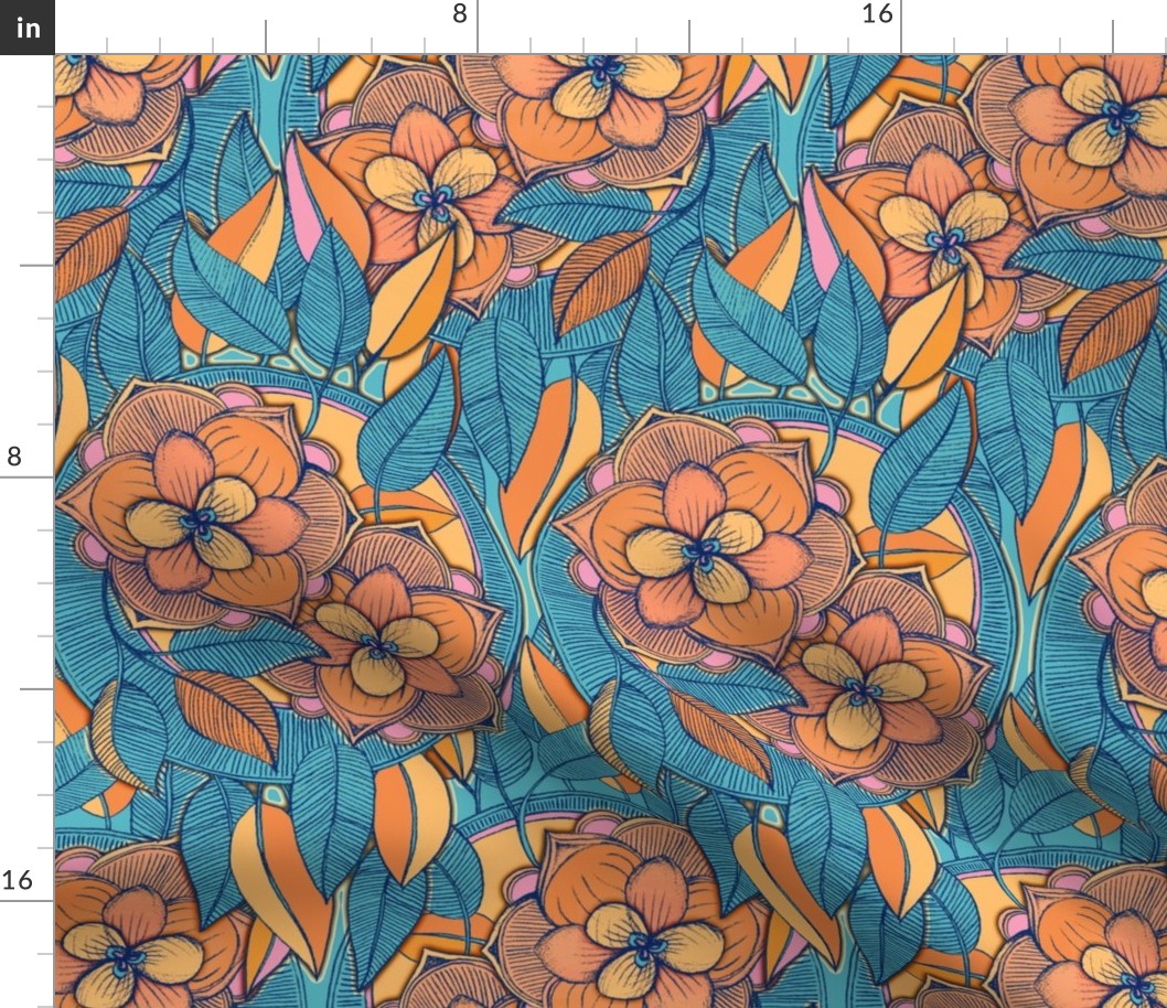 Tangerine and Teal Magnolia Doodle