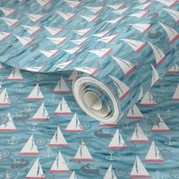 Sailboats, Whales & Waves in Blues and Reds and Grays