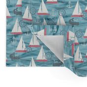 Sailboats, Whales & Waves in Blues and Reds and Grays