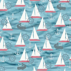 Sailboats, Whales & Waves in Blues and Reds and Grays