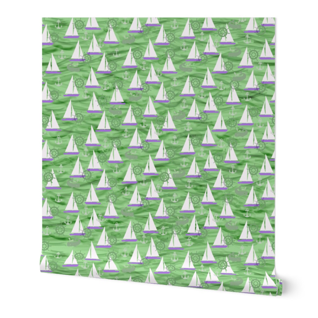 Sailboats, Whales & Waves in Green and Purple