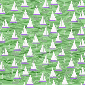 Sailboats, Whales & Waves in Green and Purple