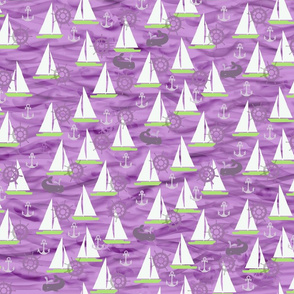 Sailboats, Whales in Purples & Greens