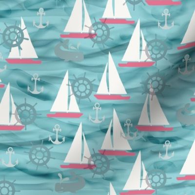 Sailboats, Whales in Aquas and Pinks