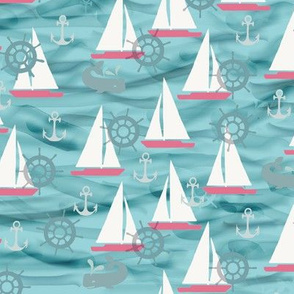 Sailboats, Whales in Aquas and Pinks