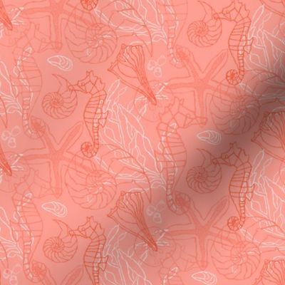 Coral Colored Seahorse & Seashells Motif Pattern