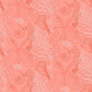 Coral Colored Seahorse & Seashells Motif Pattern