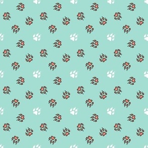 Trotting paw prints - coral on mint