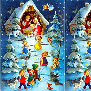 Merry Christmas Nativity Jesus Christ Joseph Mary manger lambs sheep cherubs angels trees rabbits birds music mandolin 3 wise men snow winter stars