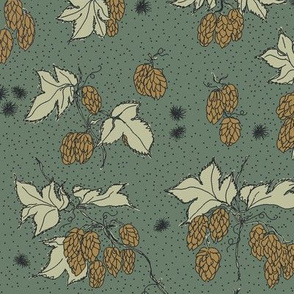 mustard hops and spiky burr on a dark green background.