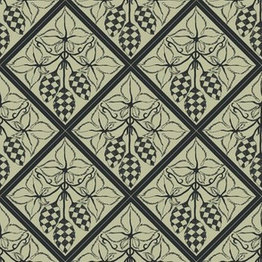 chequered hops in charcoal on a pale green diamond BG