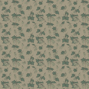 pale green hops with dark green leaves on an old linen BG