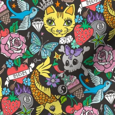 Tattoo Cats,Roses,Strawberry,Skulls