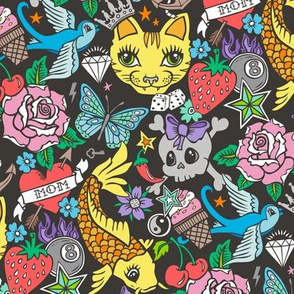 Tattoo Cats,Roses,Strawberry,Skulls