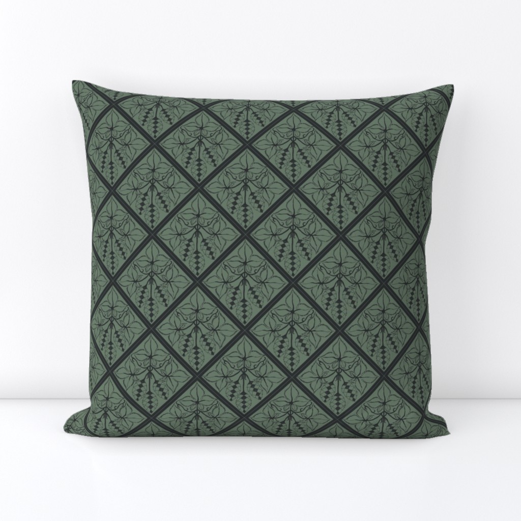 Formal charcoal hop diamonds on a dark green BG