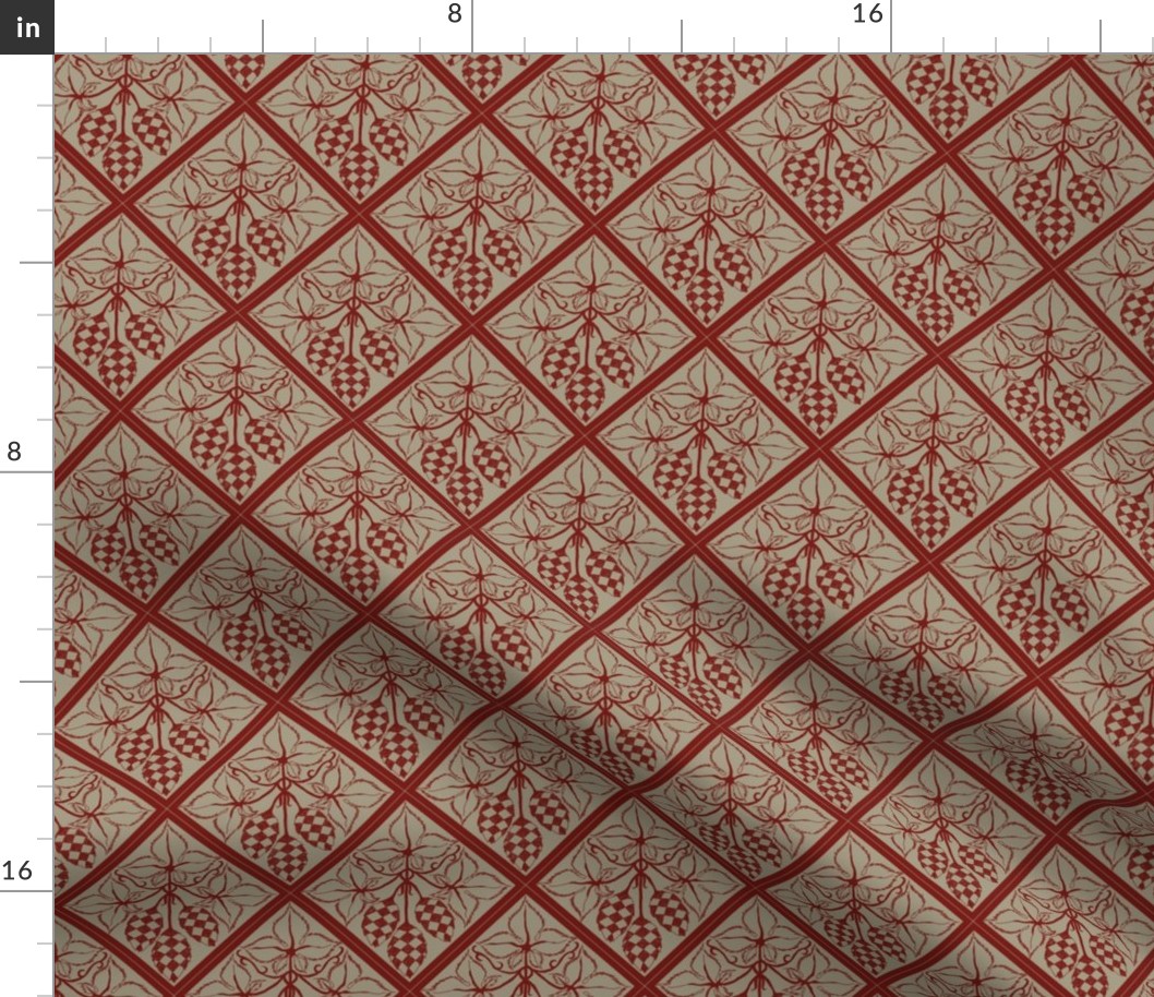 red hop diamonds outlined on an old linen BG