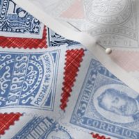 Late 19th Century Stamps ~ Blue and White on Red Linen Luxe 