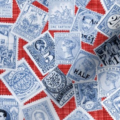 Late 19th Century Stamps ~ Blue and White on Red Linen Luxe 
