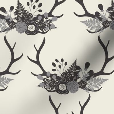 Floral Antlers - Ivory & Gray