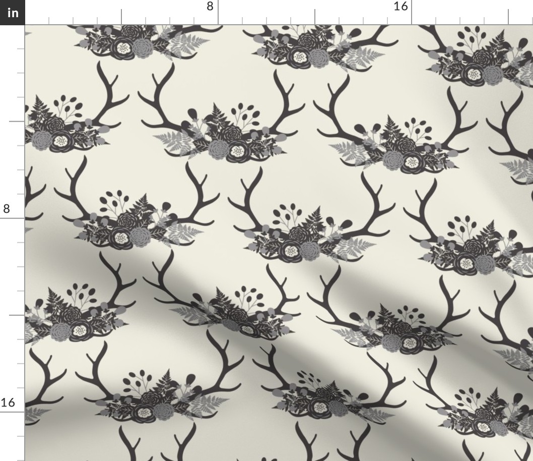Floral Antlers - Ivory & Gray