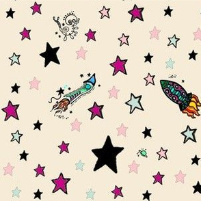 Stars and Rockets on Cream, Pink, Black Seafoam Green Cosmic Space