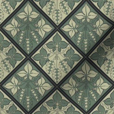 Alternating pale and dark green hop tiles