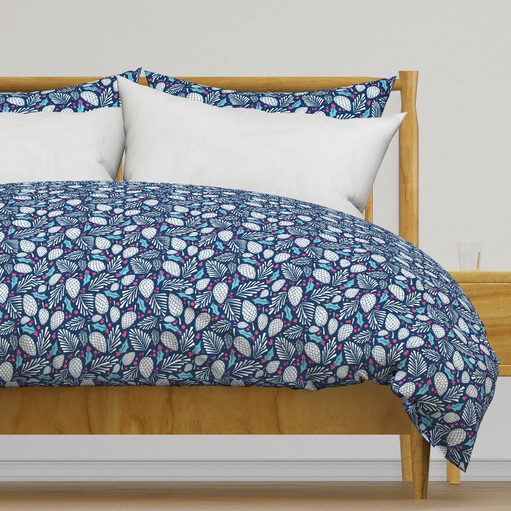 Winter Woodlands - Pinecones Navy Blue