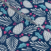 Winter Woodlands - Pinecones Navy Blue