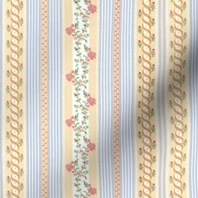 Marie Antoinette Floral Ticking ~ Trianon Cream with Dauphine and Versailles Fog 