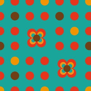 Dots turquoise red brown orange flower retro