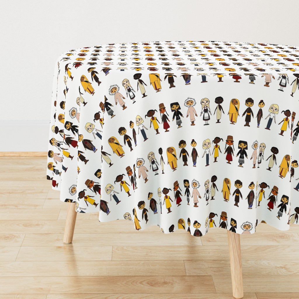 Multicultural Children White Background Border Fabric