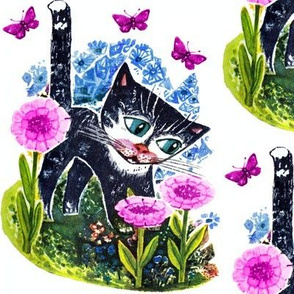 vintage retro kitsch cats kittens pussy gardens flowers butterfly butterflies whimsical