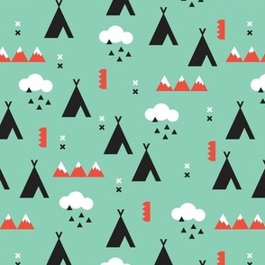 Geometric fall woodland teepee and clouds mountain print in mint and coral