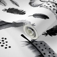 Bohemian winter feathers and geometric arrow and triangle elements watercolor illustration Black and white