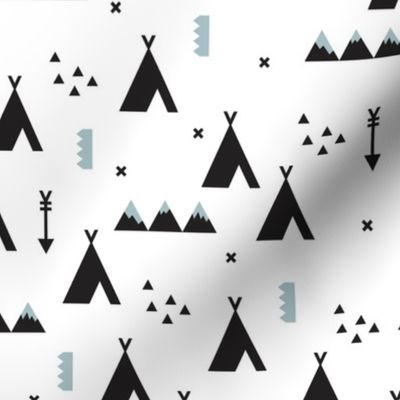 Indian teepee winter woodland with arrow and geometric mountain range and cross details black and white