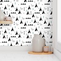 Indian teepee winter woodland with arrow and geometric mountain range and cross details black and white