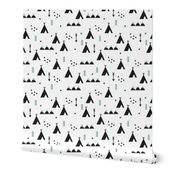 Indian teepee winter woodland with arrow and geometric mountain range and cross details black and white