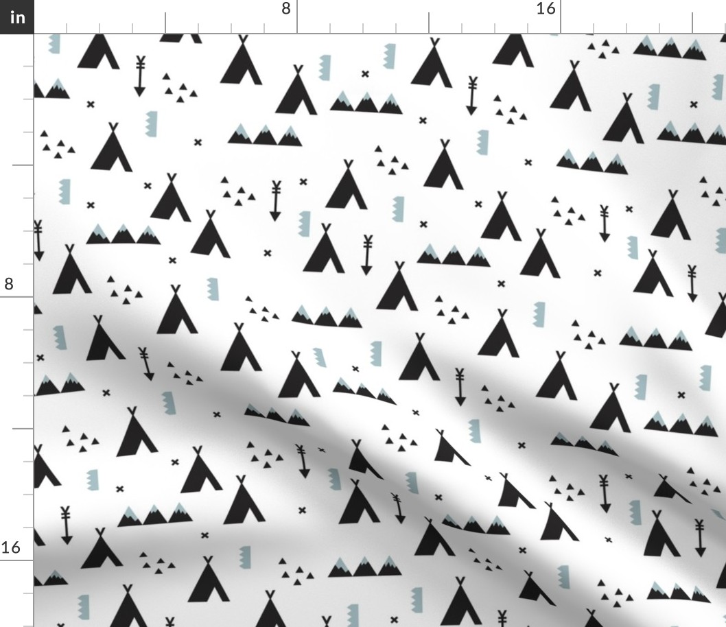Indian teepee winter woodland with arrow and geometric mountain range and cross details black and white