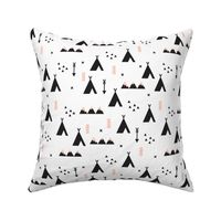 Indian teepee winter woodland with arrow and geometric mountain range and cross details black and white