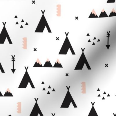 Indian teepee winter woodland with arrow and geometric mountain range and cross details black and white